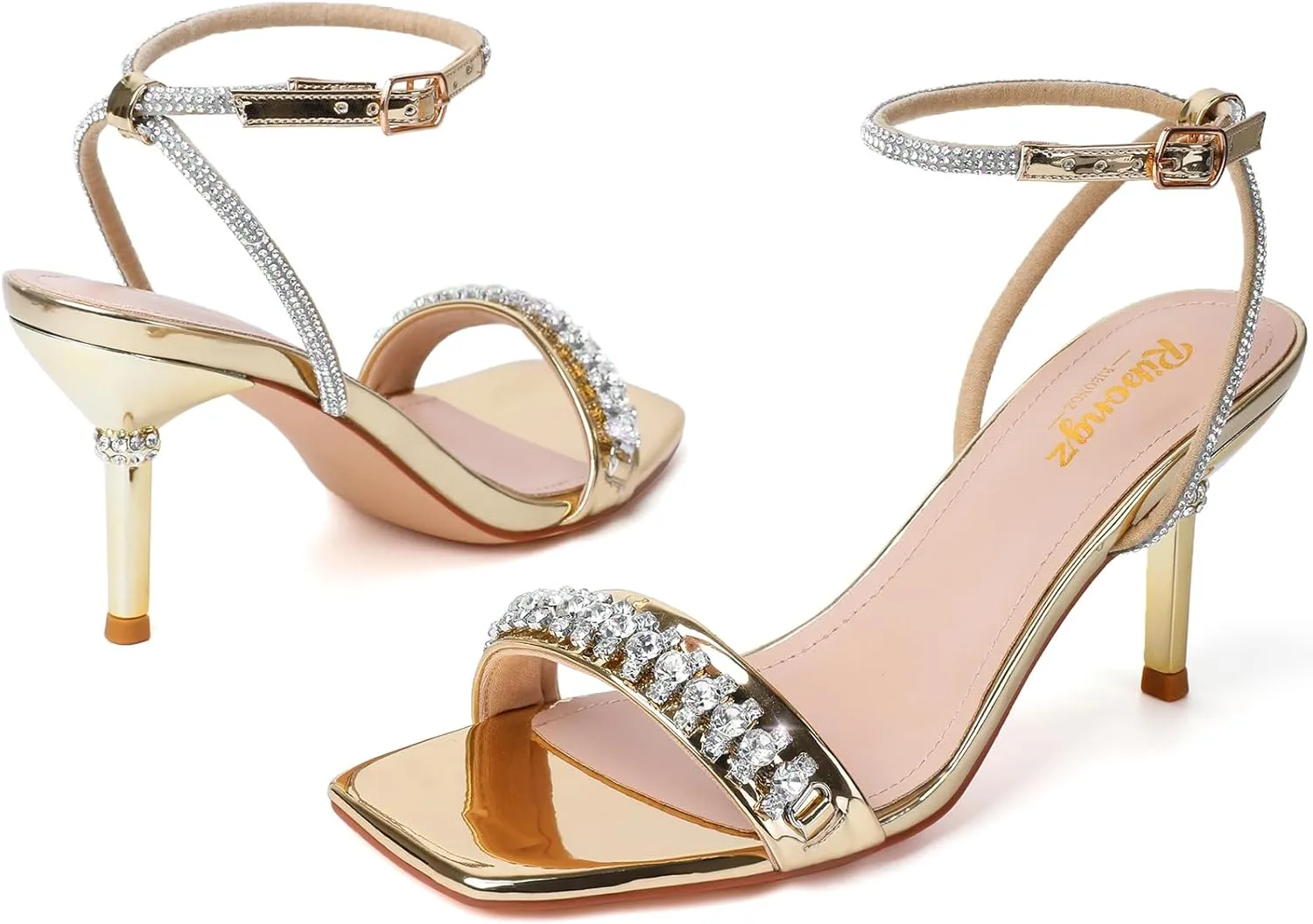 RIBONGZ Womens Sandals Dressy Gold Strappy Square Open Toe Chunky Heels Ankle Strap Kitten Sexy High Heels Prom Wedding Party Evening Summer Bridal Shoes