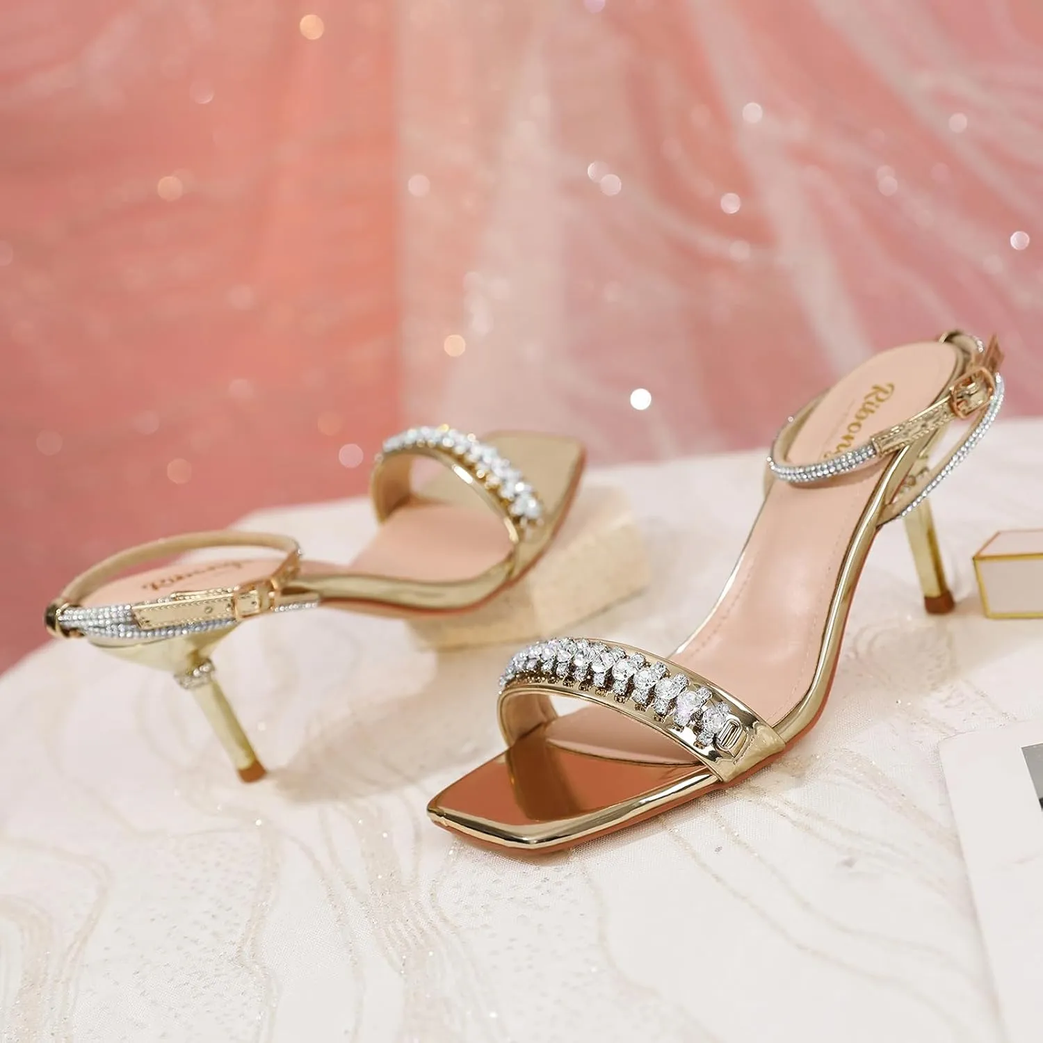 RIBONGZ Womens Sandals Dressy Gold Strappy Square Open Toe Chunky Heels Ankle Strap Kitten Sexy High Heels Prom Wedding Party Evening Summer Bridal Shoes