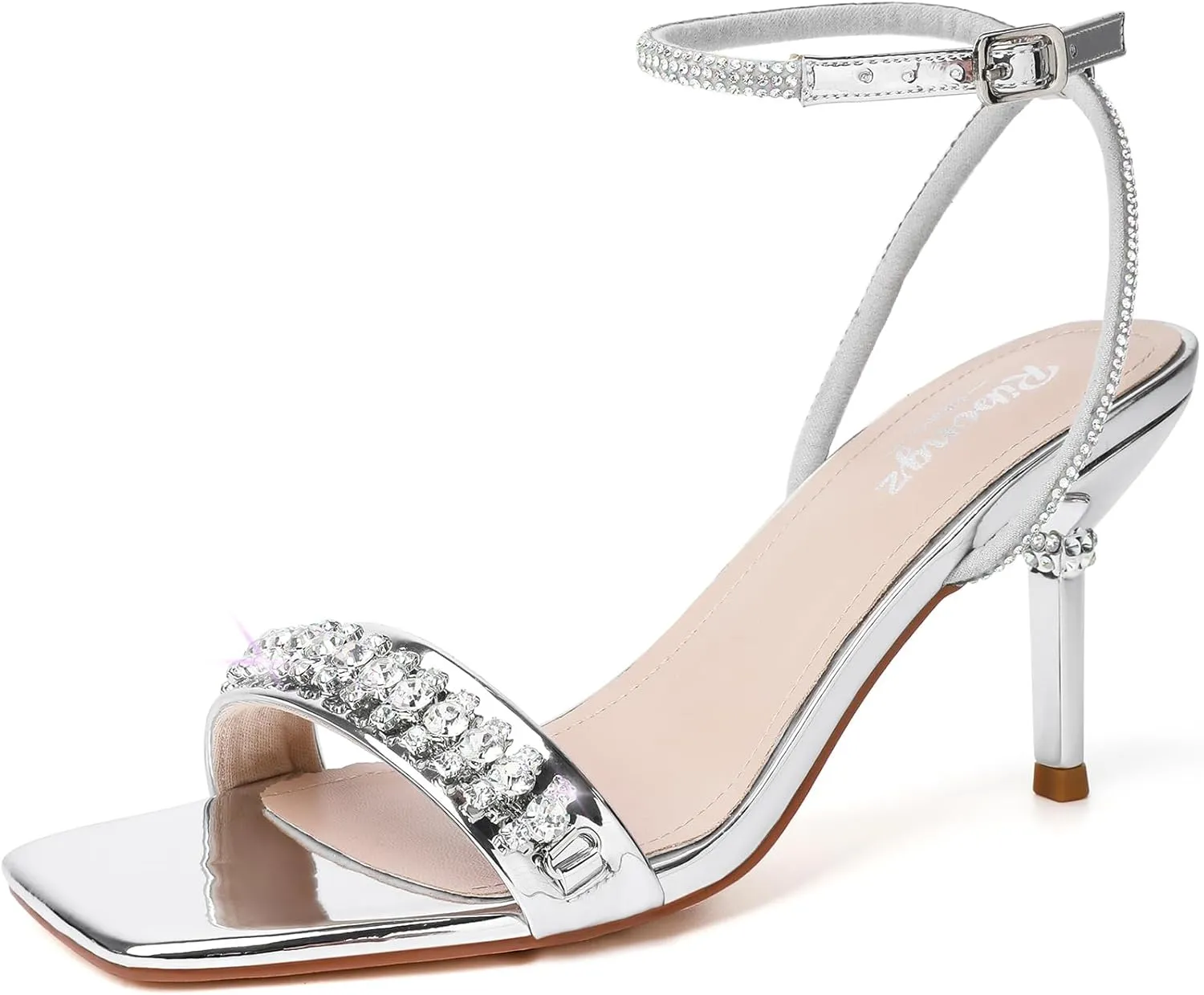 RIBONGZ Womens Sandals Dressy Gold Strappy Square Open Toe Chunky Heels Ankle Strap Kitten Sexy High Heels Prom Wedding Party Evening Summer Bridal Shoes