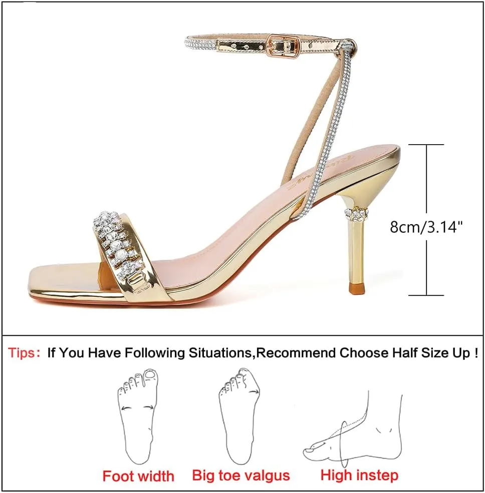 RIBONGZ Womens Sandals Dressy Gold Strappy Square Open Toe Chunky Heels Ankle Strap Kitten Sexy High Heels Prom Wedding Party Evening Summer Bridal Shoes