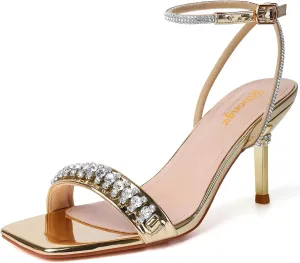 RIBONGZ Womens Sandals Dressy Gold Strappy Square Open Toe Chunky Heels Ankle Strap Kitten Sexy High Heels Prom Wedding Party Evening Summer Bridal Shoes