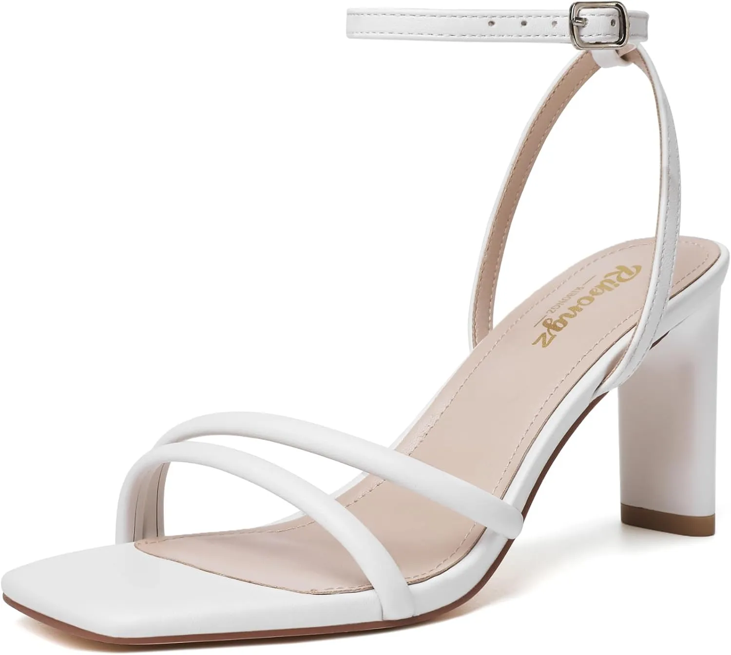 RIBONGZ Womens Strappy Heels Square Open Toe High Heels for Women Ankle Strap Chunky Heeled Sandals Wedding Bridal Shoes Comfort High Heel Sandals Dress Party Shoes