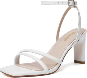 RIBONGZ Womens Strappy Heels Square Open Toe High Heels for Women Ankle Strap Chunky Heeled Sandals Wedding Bridal Shoes Comfort High Heel Sandals Dress Party Shoes