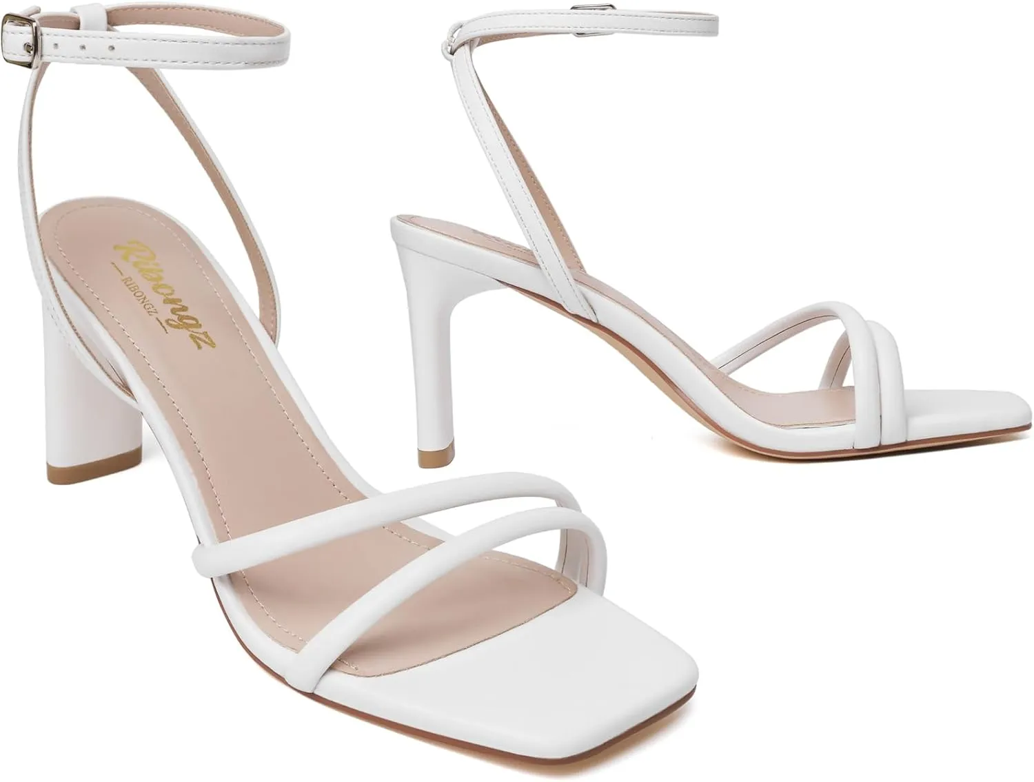 RIBONGZ Womens Strappy Heels Square Open Toe High Heels for Women Ankle Strap Chunky Heeled Sandals Wedding Bridal Shoes Comfort High Heel Sandals Dress Party Shoes