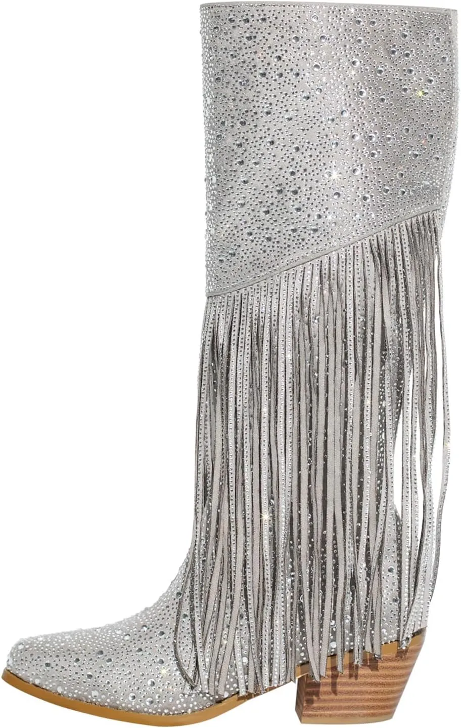 Richealnana Calf High Knee High Boots for Women Sparkle Rhinestones Clear Gems Shining Comfortable Tabs Pull-On Boots Fringe Tassel