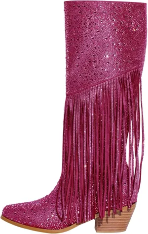 Richealnana Calf High Knee High Boots for Women Sparkle Rhinestones Clear Gems Shining Comfortable Tabs Pull-On Boots Fringe Tassel