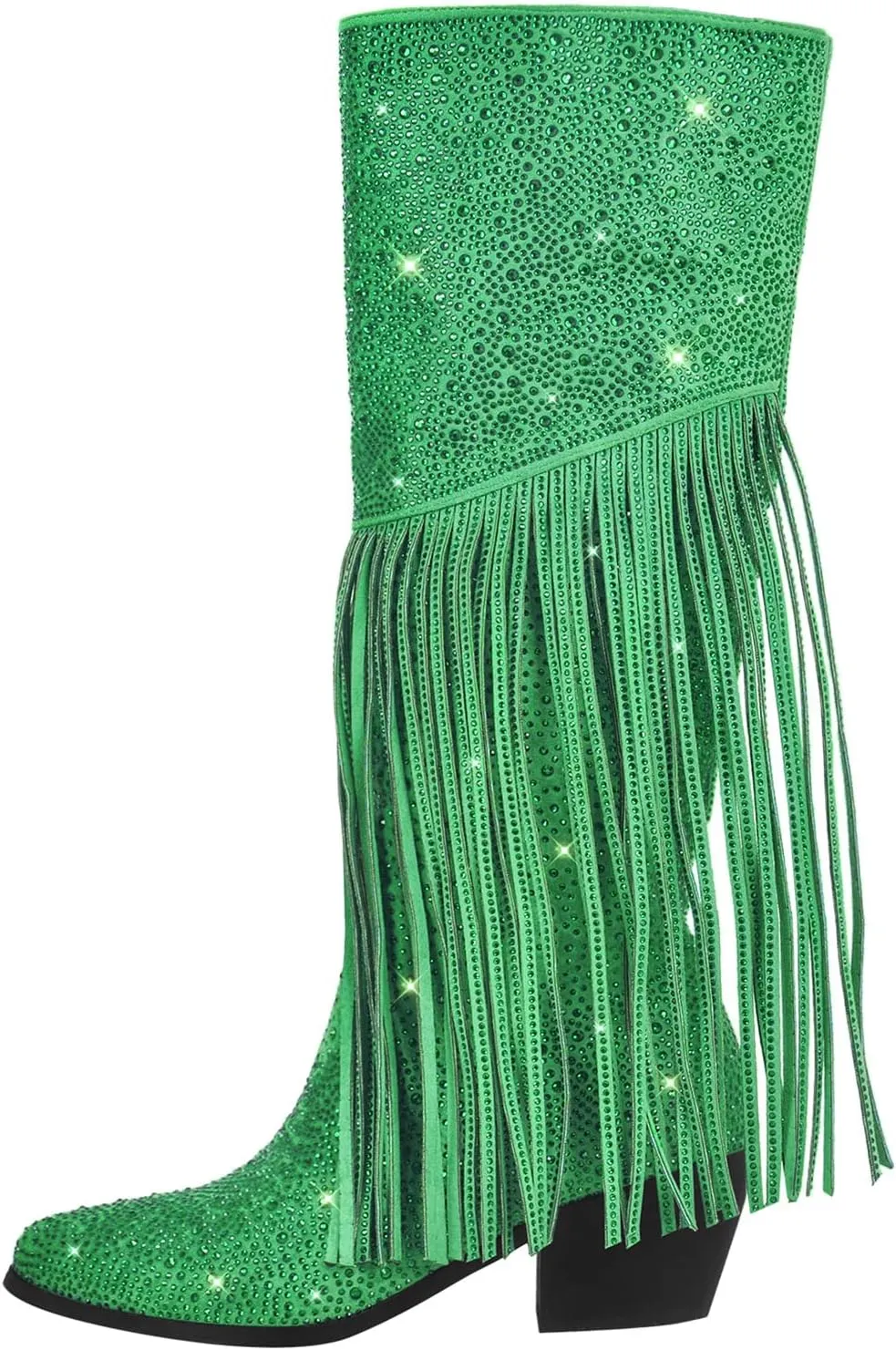 Richealnana Calf High Knee High Boots for Women Sparkle Rhinestones Clear Gems Shining Comfortable Tabs Pull-On Boots Fringe Tassel