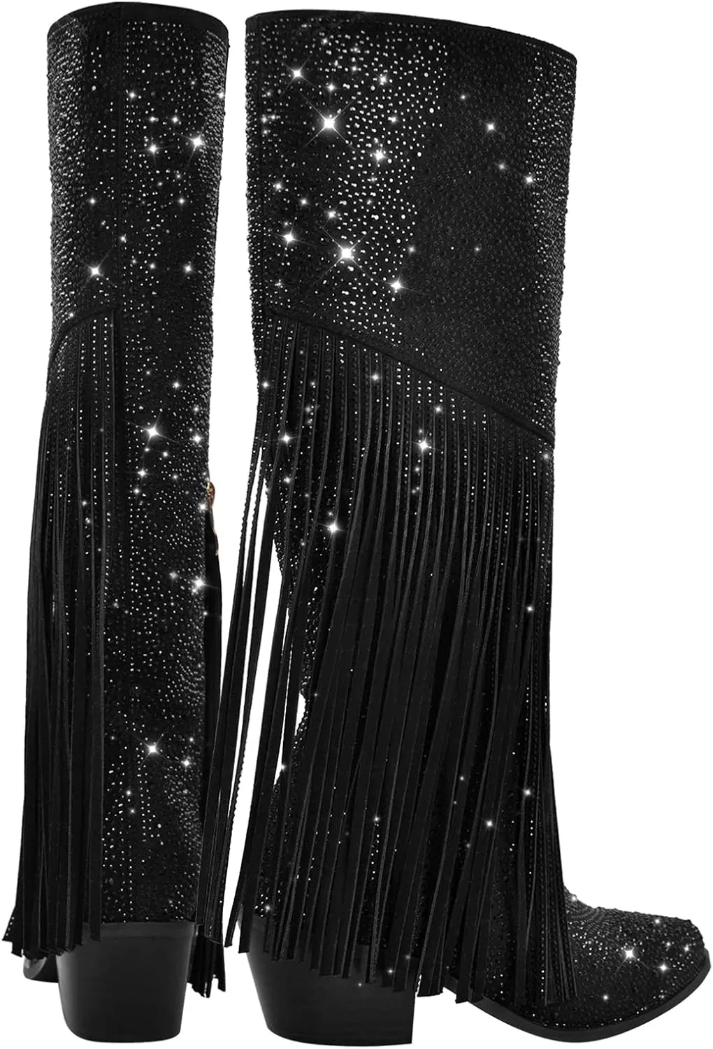 Richealnana Calf High Knee High Boots for Women Sparkle Rhinestones Clear Gems Shining Comfortable Tabs Pull-On Boots Fringe Tassel
