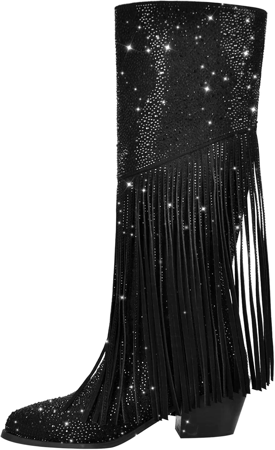 Richealnana Calf High Knee High Boots for Women Sparkle Rhinestones Clear Gems Shining Comfortable Tabs Pull-On Boots Fringe Tassel