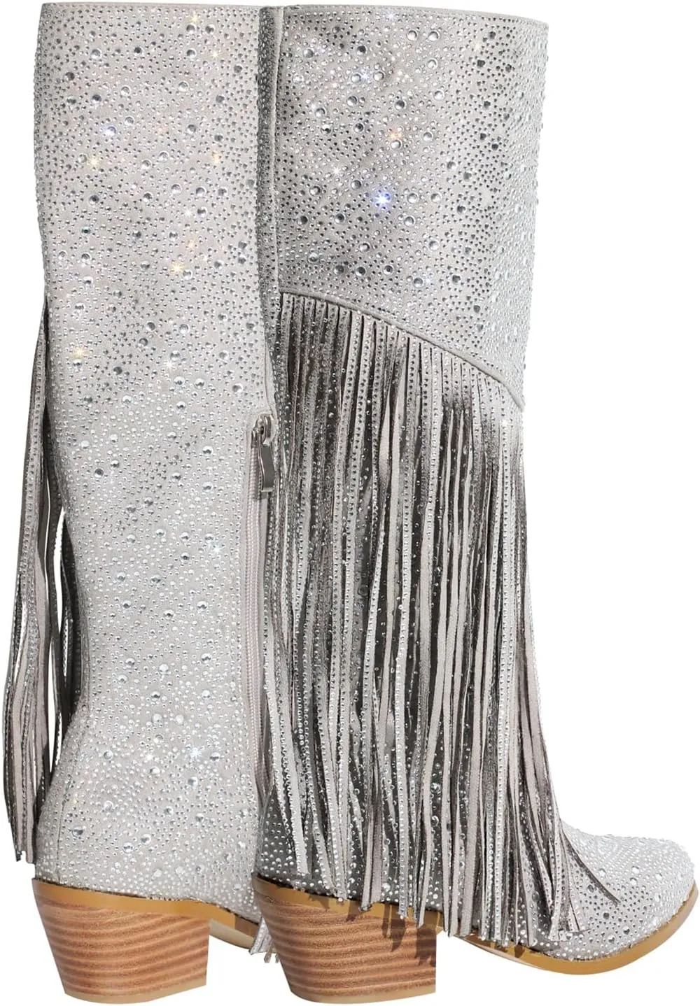 Richealnana Calf High Knee High Boots for Women Sparkle Rhinestones Clear Gems Shining Comfortable Tabs Pull-On Boots Fringe Tassel