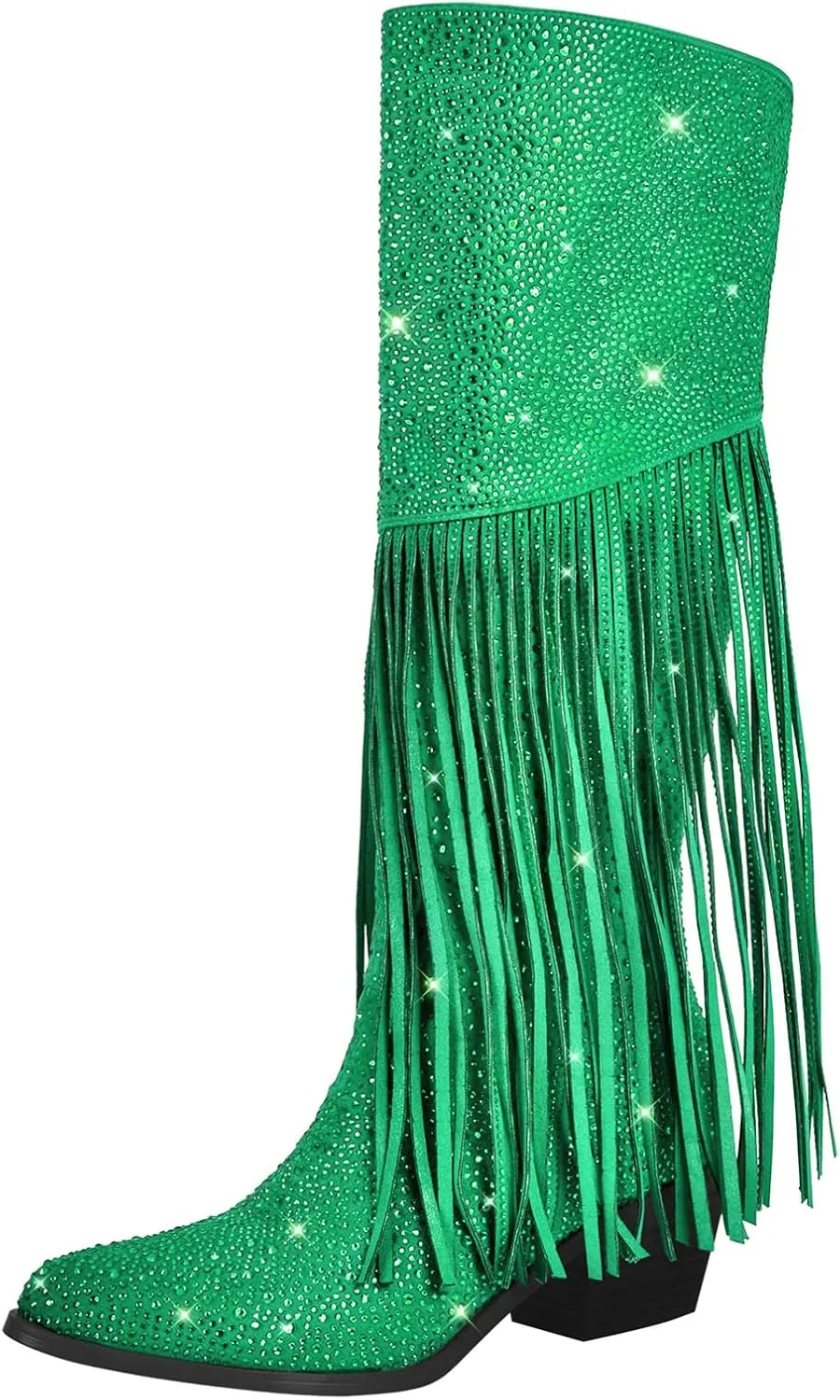 Richealnana Calf High Knee High Boots for Women Sparkle Rhinestones Clear Gems Shining Comfortable Tabs Pull-On Boots Fringe Tassel