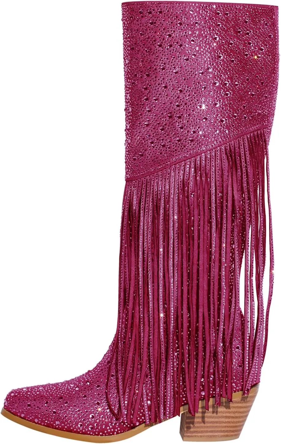 Richealnana Calf High Knee High Boots for Women Sparkle Rhinestones Clear Gems Shining Comfortable Tabs Pull-On Boots Fringe Tassel