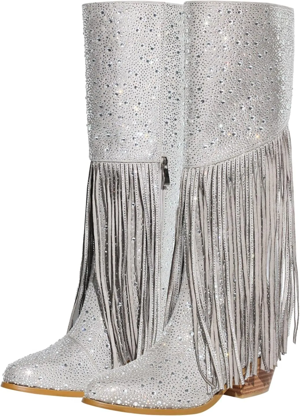 Richealnana Calf High Knee High Boots for Women Sparkle Rhinestones Clear Gems Shining Comfortable Tabs Pull-On Boots Fringe Tassel