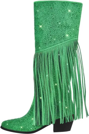 Richealnana Calf High Knee High Boots for Women Sparkle Rhinestones Clear Gems Shining Comfortable Tabs Pull-On Boots Fringe Tassel