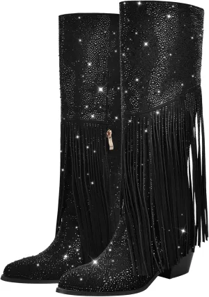 Richealnana Calf High Knee High Boots for Women Sparkle Rhinestones Clear Gems Shining Comfortable Tabs Pull-On Boots Fringe Tassel