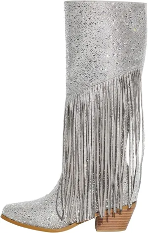 Richealnana Calf High Knee High Boots for Women Sparkle Rhinestones Clear Gems Shining Comfortable Tabs Pull-On Boots Fringe Tassel