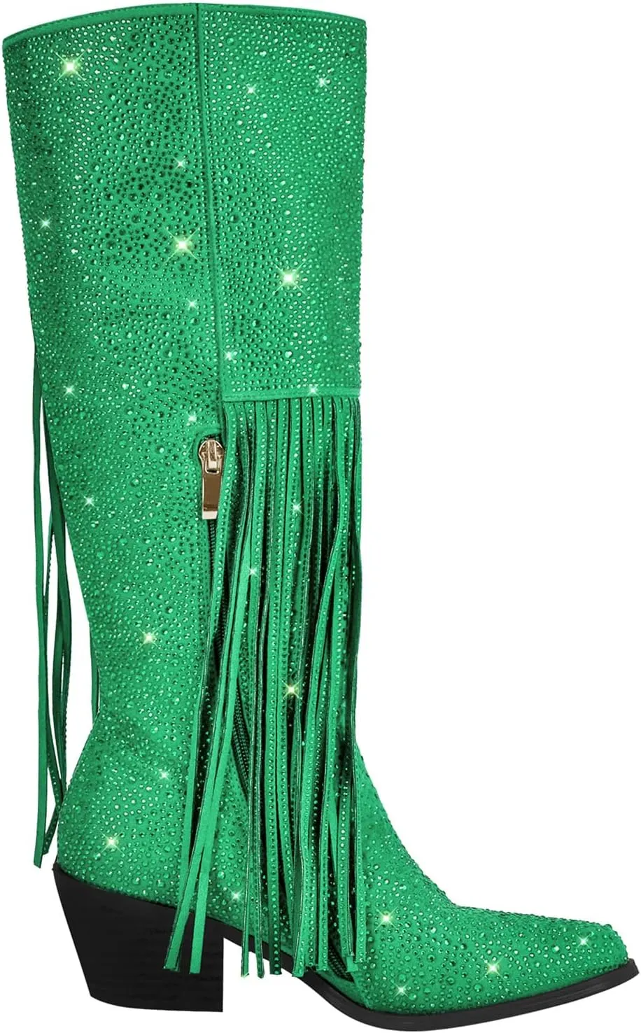 Richealnana Calf High Knee High Boots for Women Sparkle Rhinestones Clear Gems Shining Comfortable Tabs Pull-On Boots Fringe Tassel