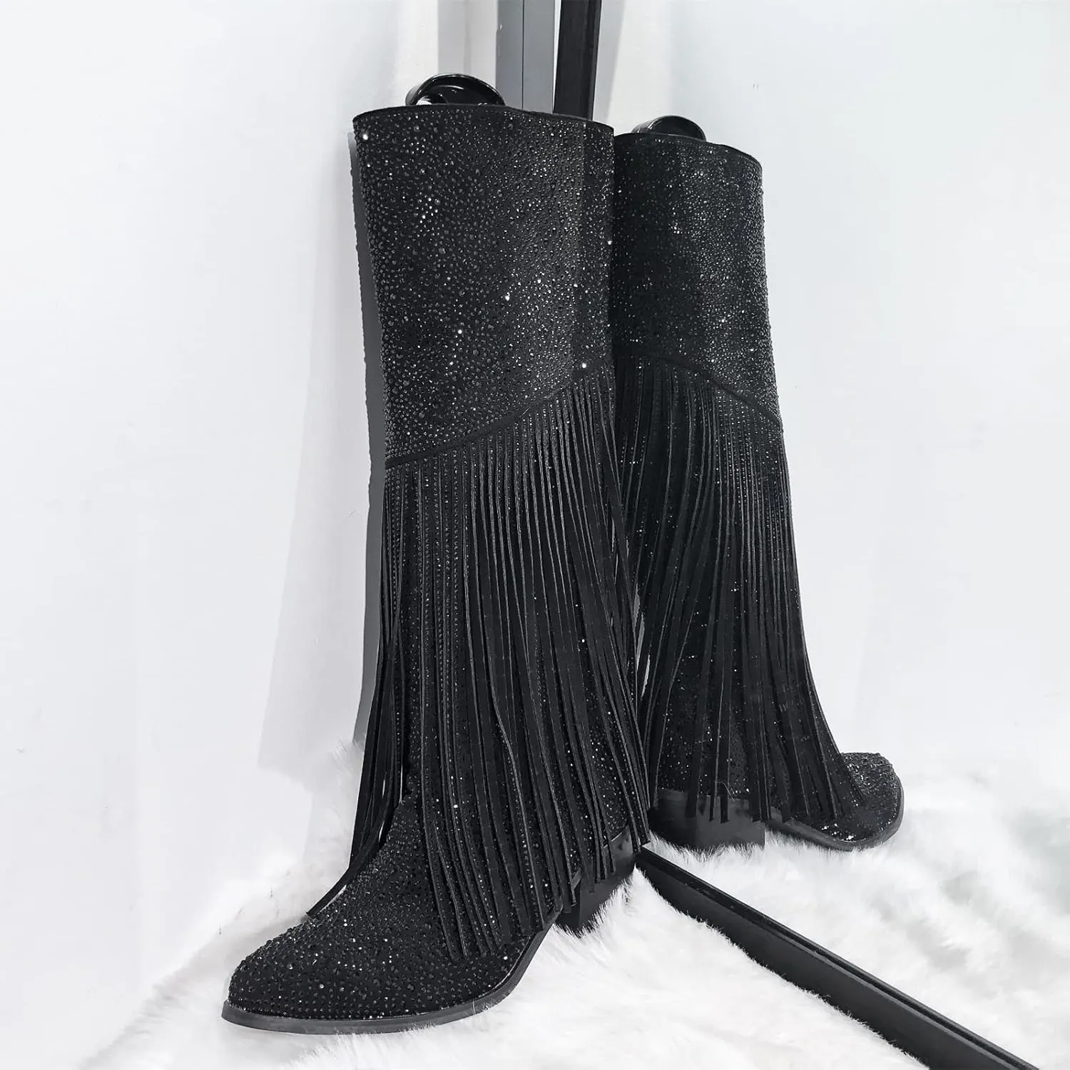 Richealnana Calf High Knee High Boots for Women Sparkle Rhinestones Clear Gems Shining Comfortable Tabs Pull-On Boots Fringe Tassel