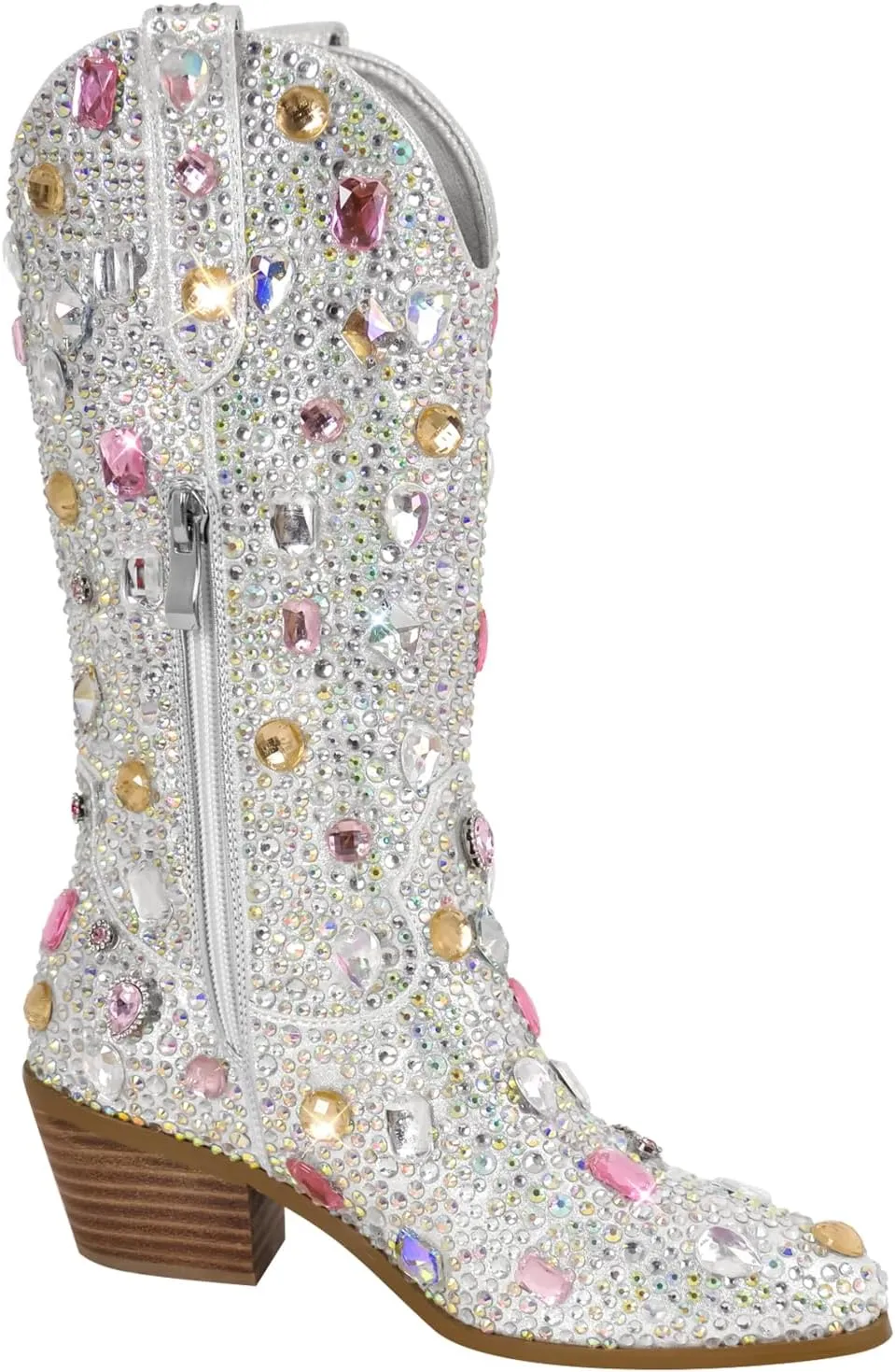 Richealnana Sparkly Rhinestones Cowboy Cowgirl Style Boots Calf High Boots for Women 2INCH Heeled Shining Pull On Tabs