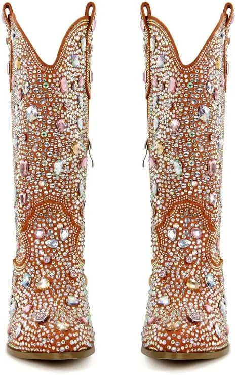 Richealnana Sparkly Rhinestones Cowboy Cowgirl Style Boots Calf High Boots for Women 2INCH Heeled Shining Pull On Tabs