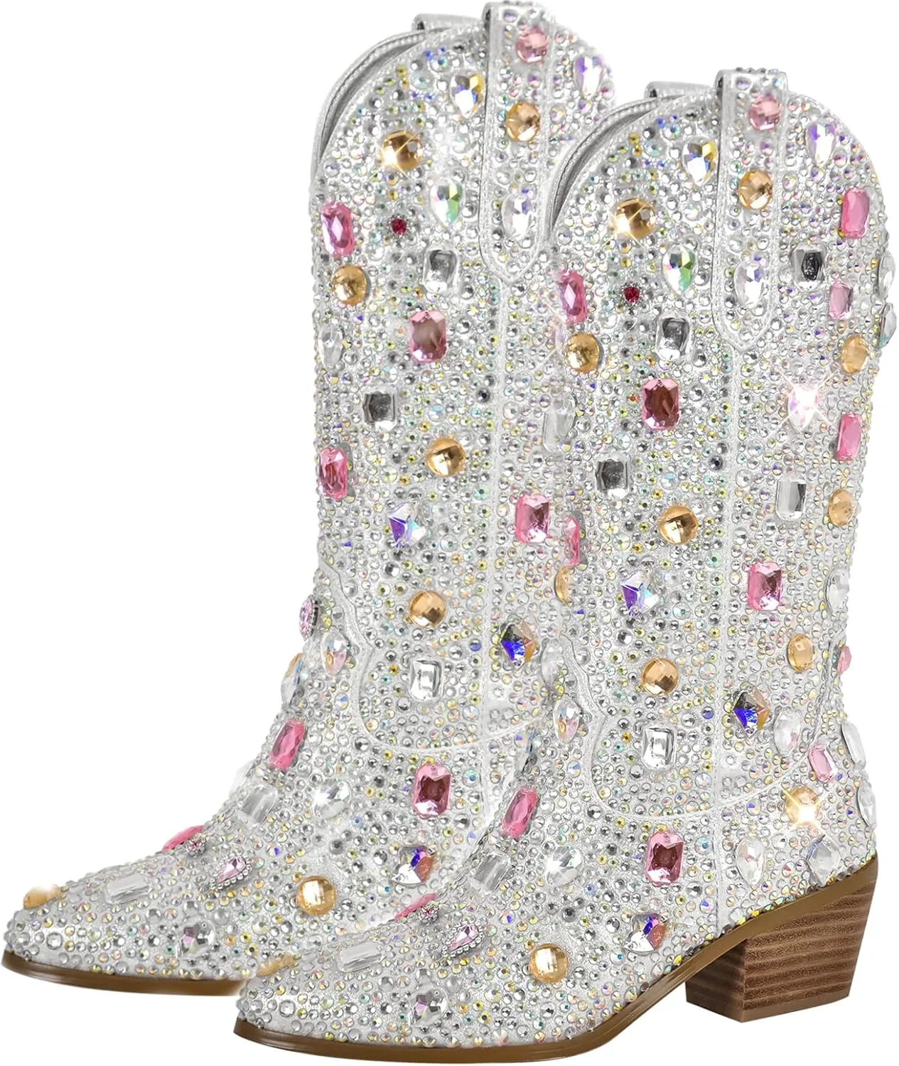 Richealnana Sparkly Rhinestones Cowboy Cowgirl Style Boots Calf High Boots for Women 2INCH Heeled Shining Pull On Tabs