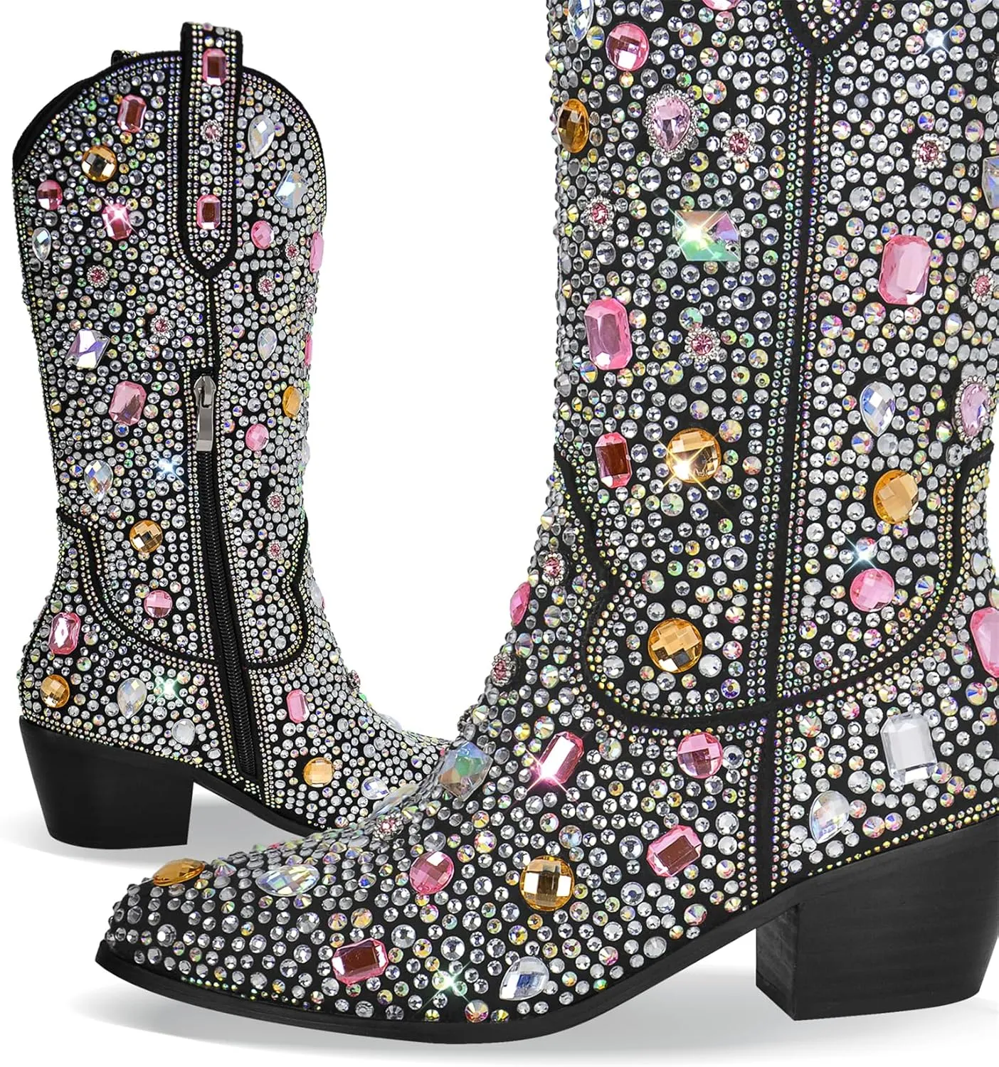 Richealnana Sparkly Rhinestones Cowboy Cowgirl Style Boots Calf High Boots for Women 2INCH Heeled Shining Pull On Tabs