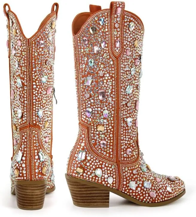 Richealnana Sparkly Rhinestones Cowboy Cowgirl Style Boots Calf High Boots for Women 2INCH Heeled Shining Pull On Tabs