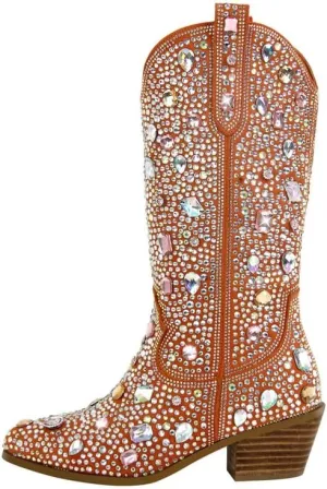 Richealnana Sparkly Rhinestones Cowboy Cowgirl Style Boots Calf High Boots for Women 2INCH Heeled Shining Pull On Tabs