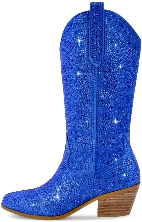 Richealnana Sparkly Rhinestones Cowboy Cowgirl Style Boots Calf High Boots for Women 2INCH Heeled Shining Pull On Tabs