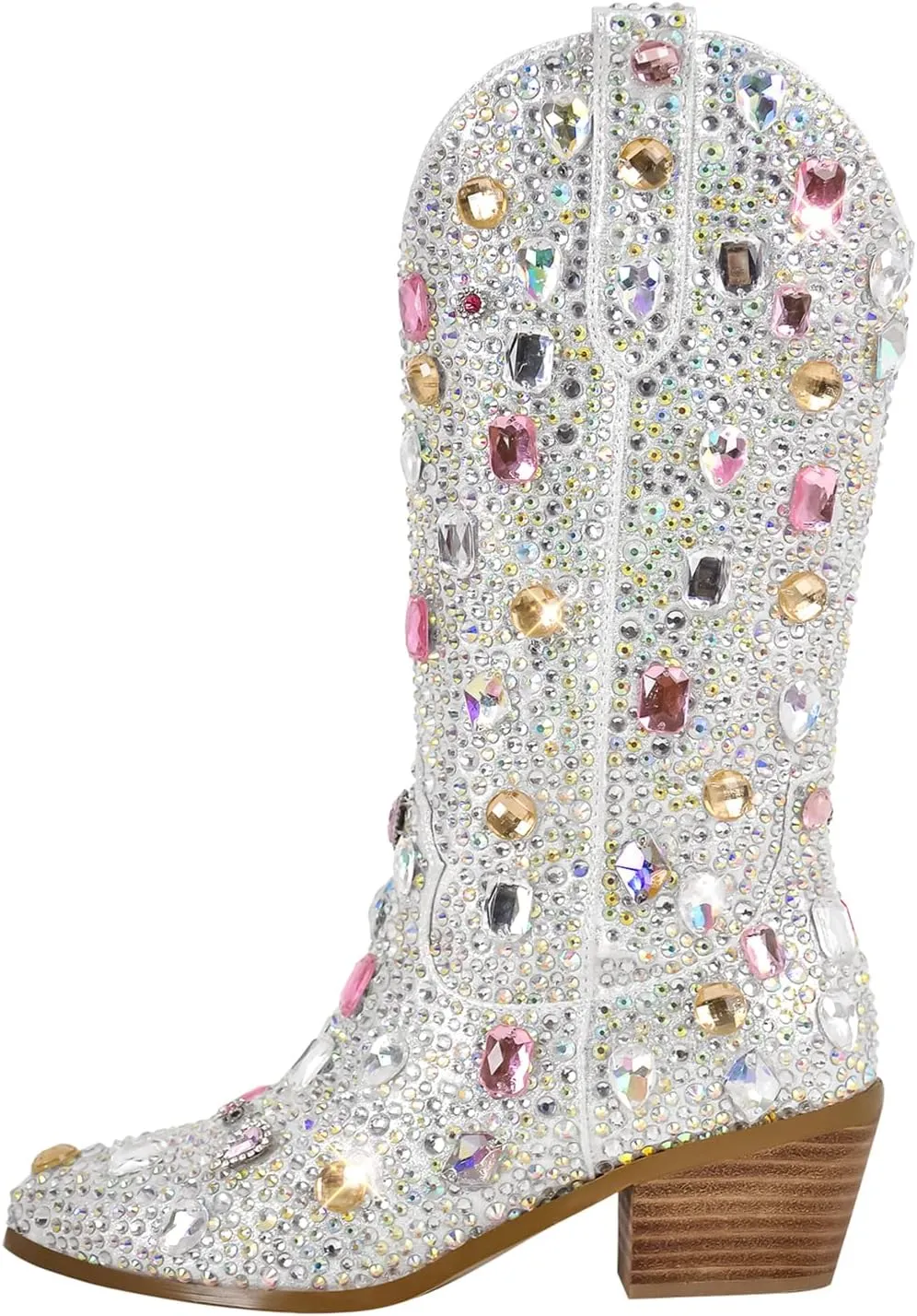 Richealnana Sparkly Rhinestones Cowboy Cowgirl Style Boots Calf High Boots for Women 2INCH Heeled Shining Pull On Tabs