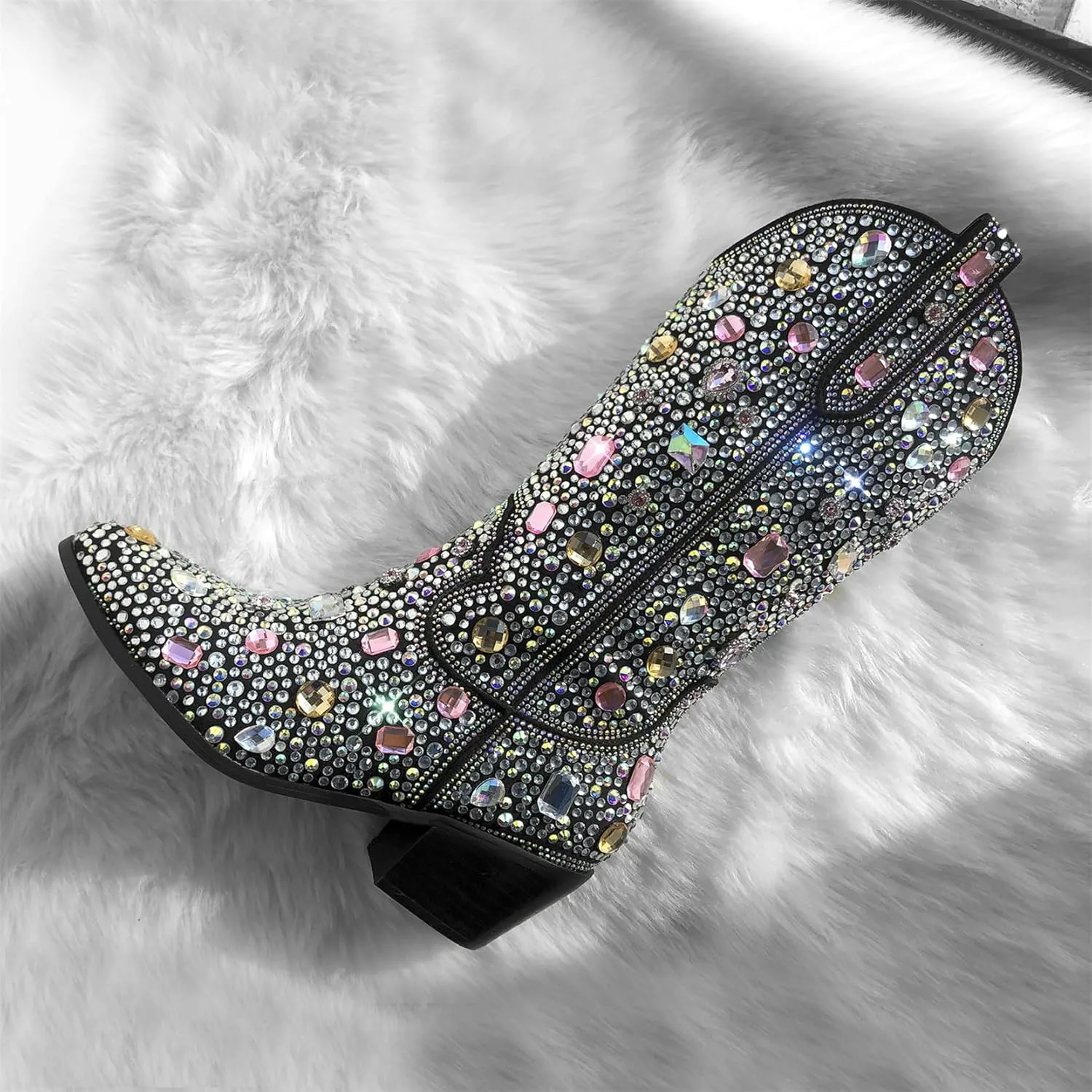 Richealnana Sparkly Rhinestones Cowboy Cowgirl Style Boots Calf High Boots for Women 2INCH Heeled Shining Pull On Tabs