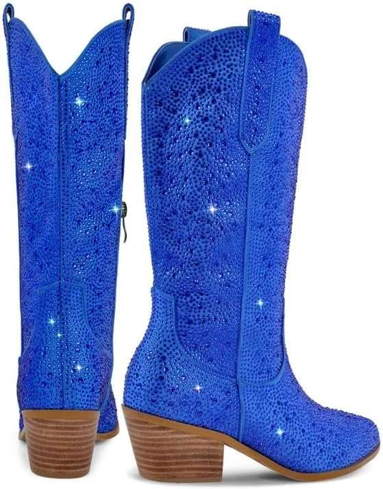 Richealnana Sparkly Rhinestones Cowboy Cowgirl Style Boots Calf High Boots for Women 2INCH Heeled Shining Pull On Tabs