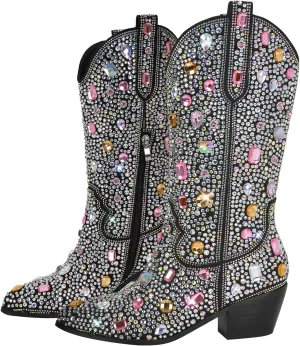 Richealnana Sparkly Rhinestones Cowboy Cowgirl Style Boots Calf High Boots for Women 2INCH Heeled Shining Pull On Tabs
