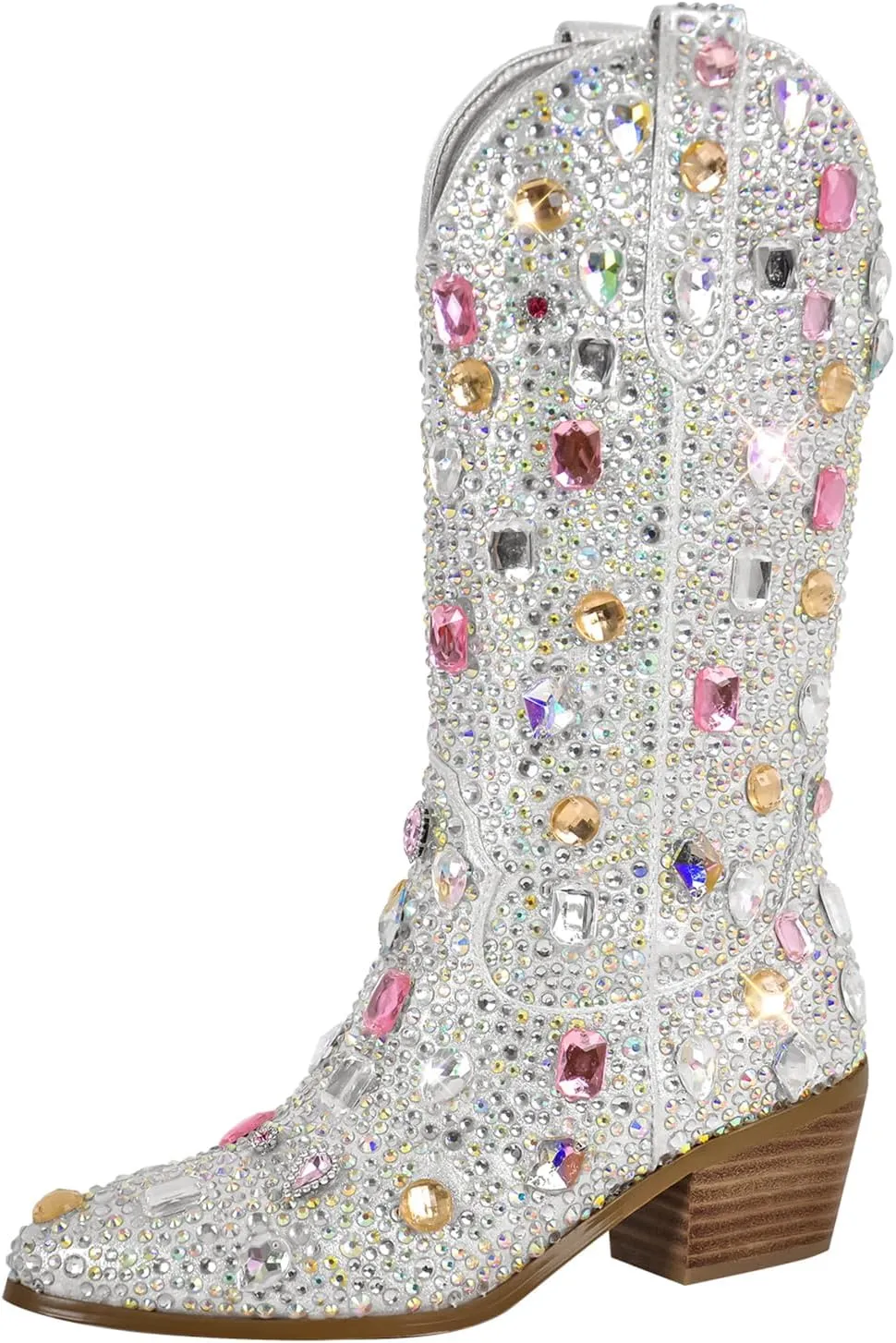 Richealnana Sparkly Rhinestones Cowboy Cowgirl Style Boots Calf High Boots for Women 2INCH Heeled Shining Pull On Tabs