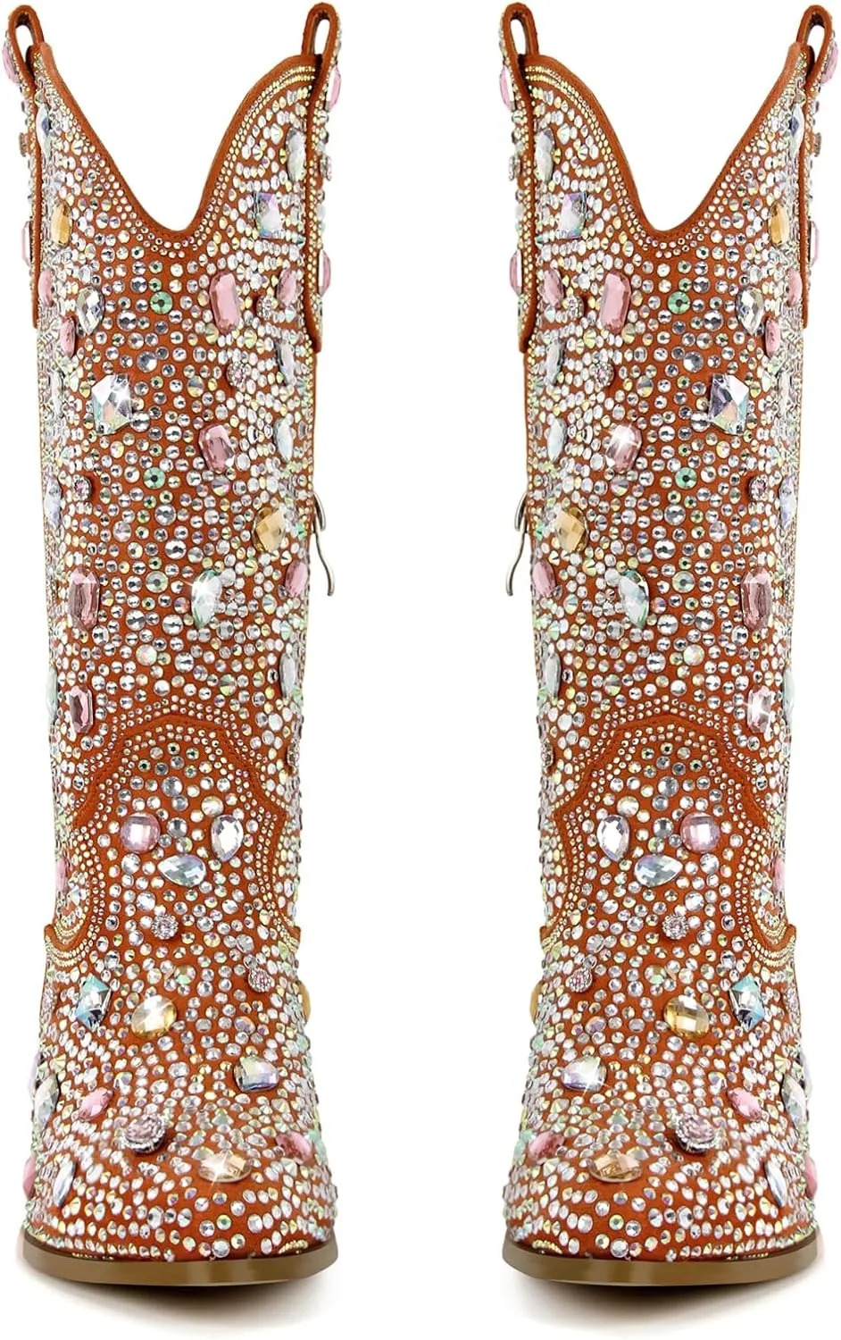 Richealnana Sparkly Rhinestones Cowboy Cowgirl Style Boots Calf High Boots for Women 2INCH Heeled Shining Pull On Tabs