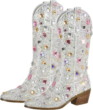 Richealnana Sparkly Rhinestones Cowboy Cowgirl Style Boots Calf High Boots for Women 2INCH Heeled Shining Pull On Tabs