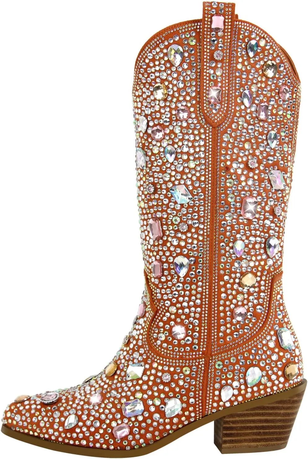 Richealnana Sparkly Rhinestones Cowboy Cowgirl Style Boots Calf High Boots for Women 2INCH Heeled Shining Pull On Tabs