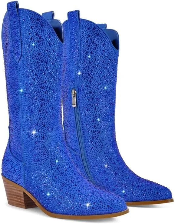 Richealnana Sparkly Rhinestones Cowboy Cowgirl Style Boots Calf High Boots for Women 2INCH Heeled Shining Pull On Tabs
