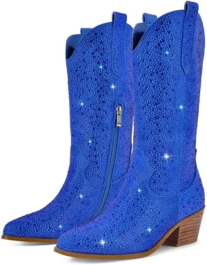 Richealnana Sparkly Rhinestones Cowboy Cowgirl Style Boots Calf High Boots for Women 2INCH Heeled Shining Pull On Tabs