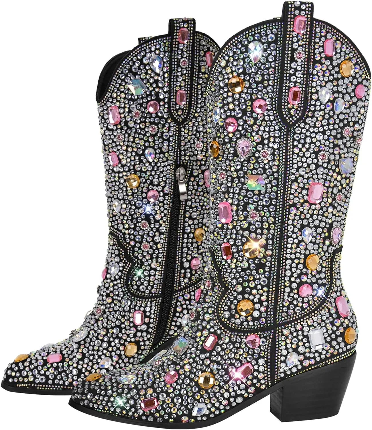 Richealnana Sparkly Rhinestones Cowboy Cowgirl Style Boots Calf High Boots for Women 2INCH Heeled Shining Pull On Tabs