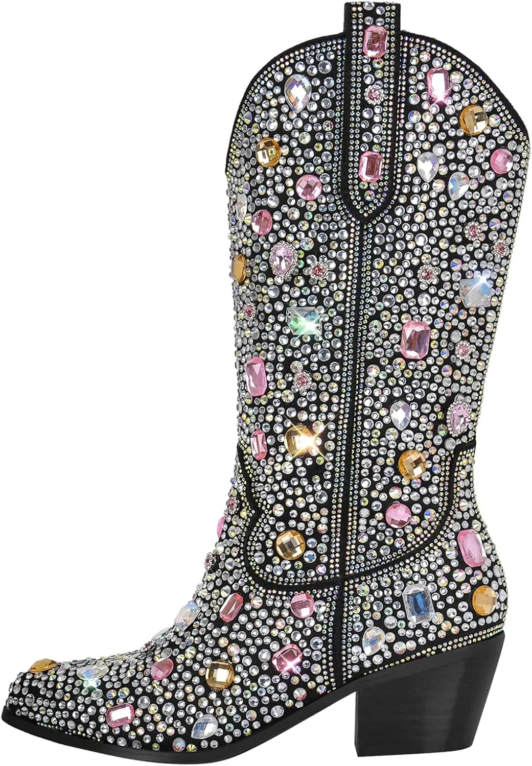 Richealnana Sparkly Rhinestones Cowboy Cowgirl Style Boots Calf High Boots for Women 2INCH Heeled Shining Pull On Tabs