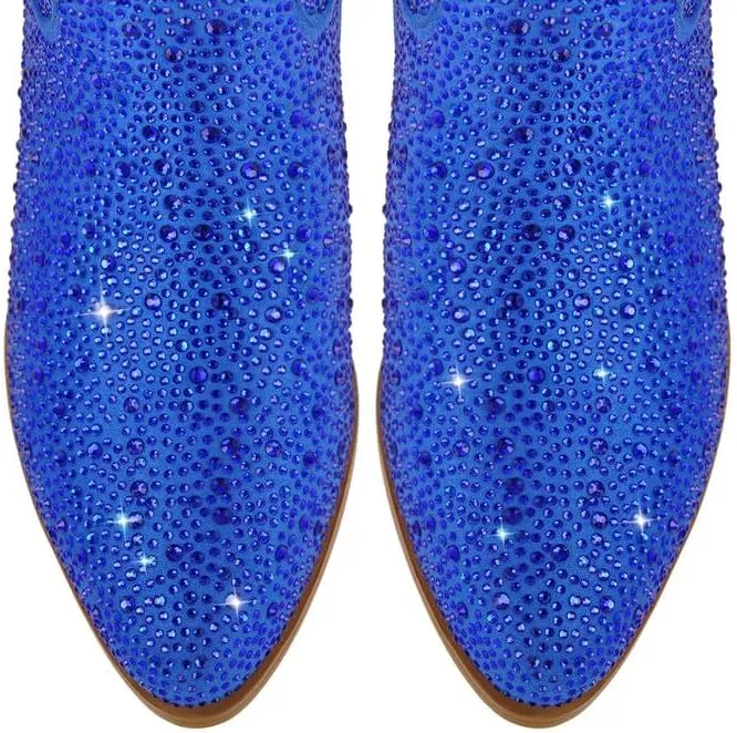 Richealnana Sparkly Rhinestones Cowboy Cowgirl Style Boots Calf High Boots for Women 2INCH Heeled Shining Pull On Tabs