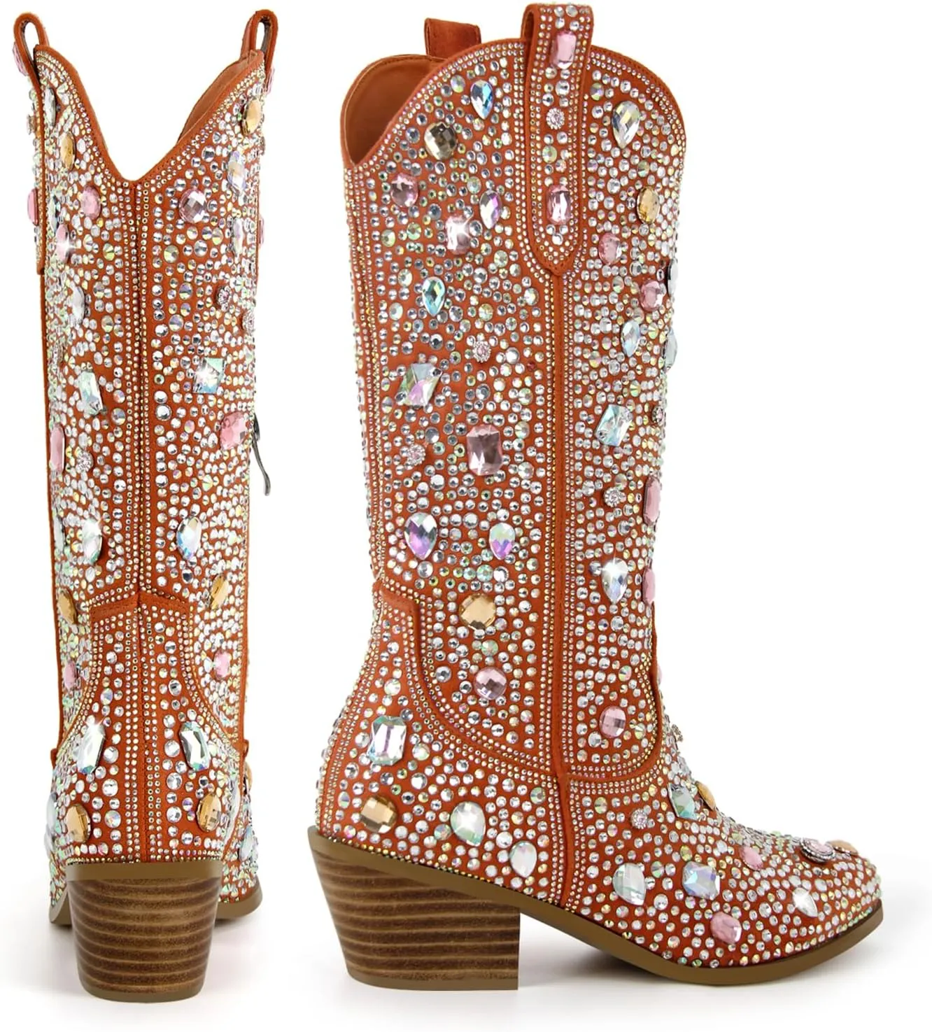 Richealnana Sparkly Rhinestones Cowboy Cowgirl Style Boots Calf High Boots for Women 2INCH Heeled Shining Pull On Tabs