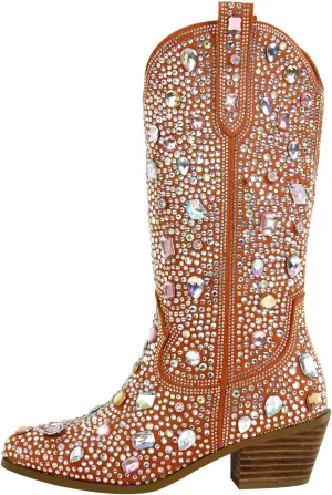 Richealnana Sparkly Rhinestones Cowboy Cowgirl Style Boots Calf High Boots for Women 2INCH Heeled Shining Pull On Tabs