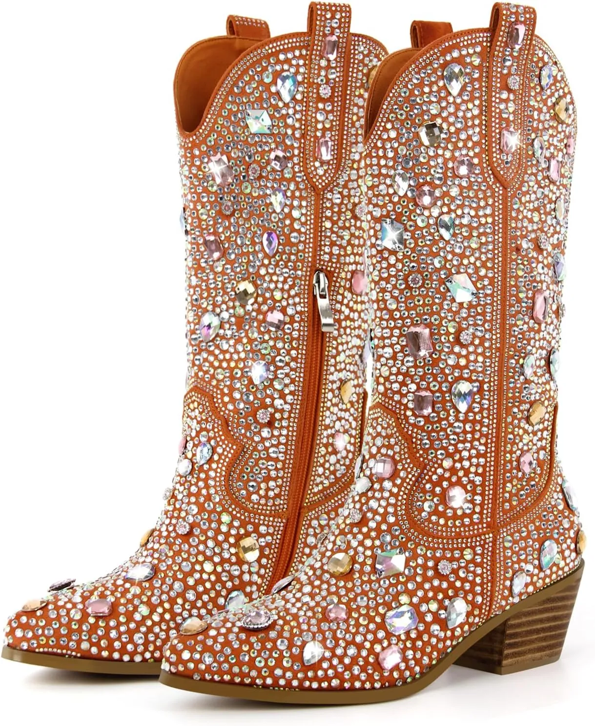 Richealnana Sparkly Rhinestones Cowboy Cowgirl Style Boots Calf High Boots for Women 2INCH Heeled Shining Pull On Tabs
