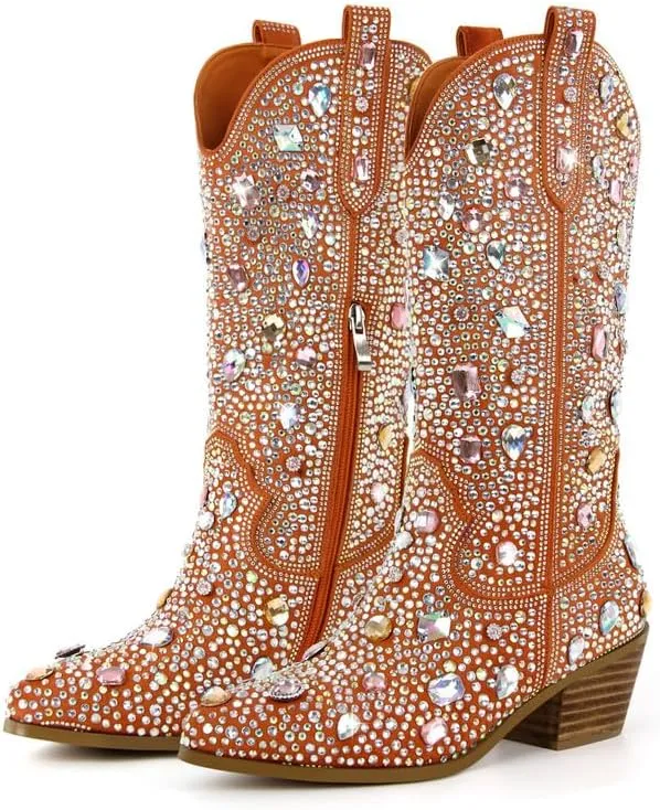 Richealnana Sparkly Rhinestones Cowboy Cowgirl Style Boots Calf High Boots for Women 2INCH Heeled Shining Pull On Tabs