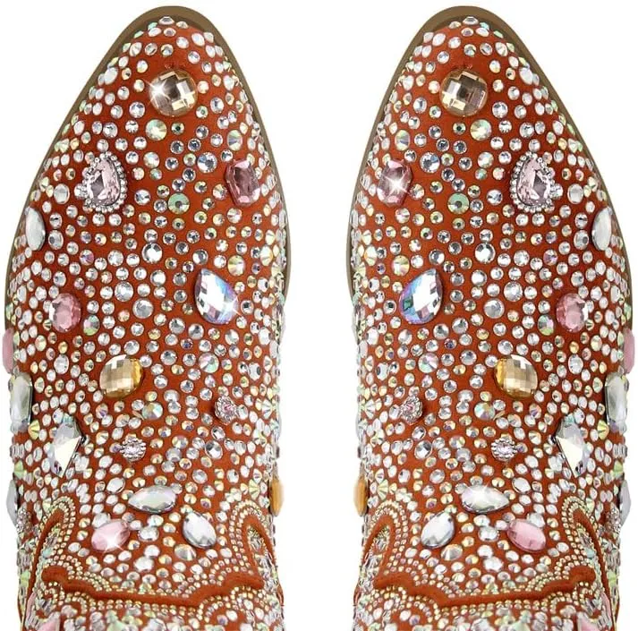 Richealnana Sparkly Rhinestones Cowboy Cowgirl Style Boots Calf High Boots for Women 2INCH Heeled Shining Pull On Tabs