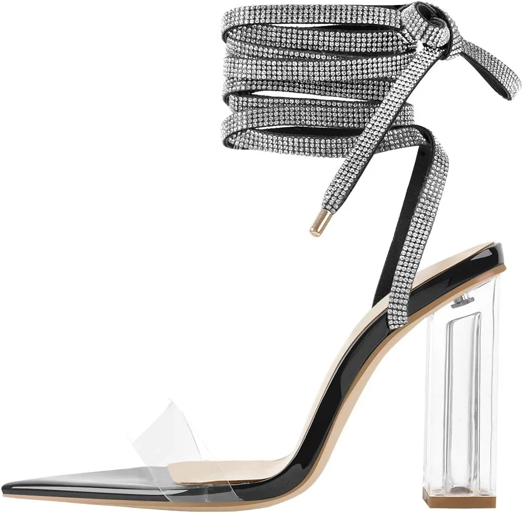 Richealnana Women's Clear Block Heel Lace Up Rhinestones Dress Sandals