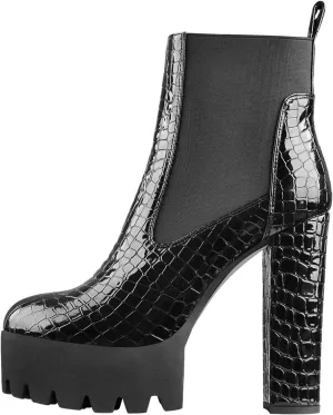 Richealnana Women's Elastic Platform Boots Round Toe Chunky High Heel Pull on Ankle Booties