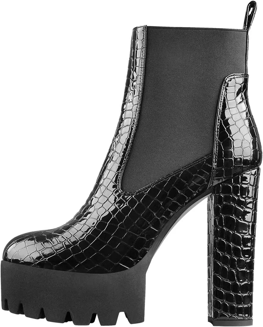 Richealnana Women's Elastic Platform Boots Round Toe Chunky High Heel Pull on Ankle Booties